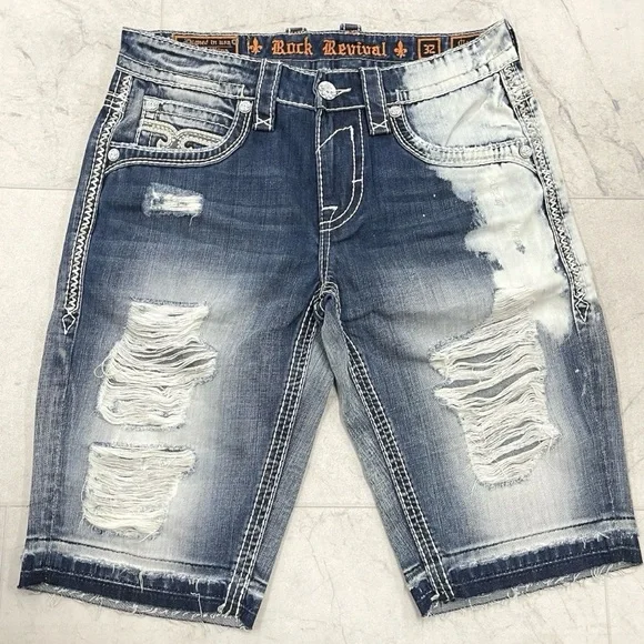 (RV-8)New Rock Revival Men's Monte Studded Distress Denim Shorts In Blue Size:32 - Picture 2 of 5